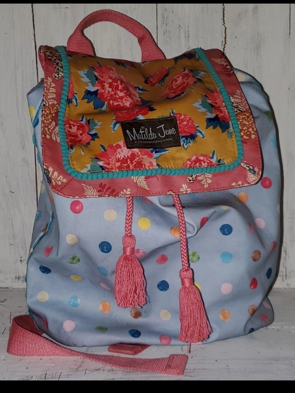 Matilda Jane Light Blue Polka Dot Backpack with Floral Flap Make A Splash Beach